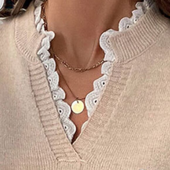 Boho Done Preppy Style Oversized Drop Shoulder Lace Accent Long Sleeve Sweater. - Picture 2 of 9